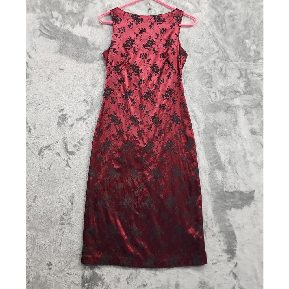 Vintage 90s CDC Dress Womens 4 Red Black Satin Flocked Floral Sleeveless Sheath
